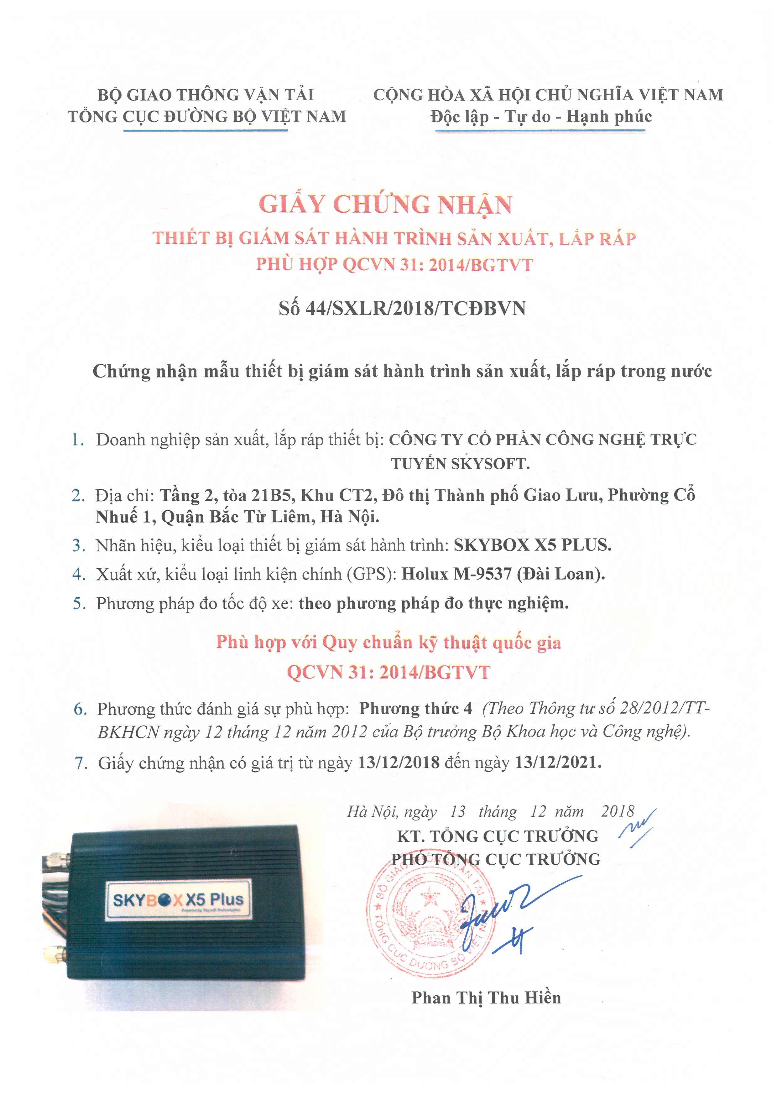 Giáy chứng nhận hợp quy của thiết bị giám sát hành trình x5 plus được bộ giao thông vận tải cấp
