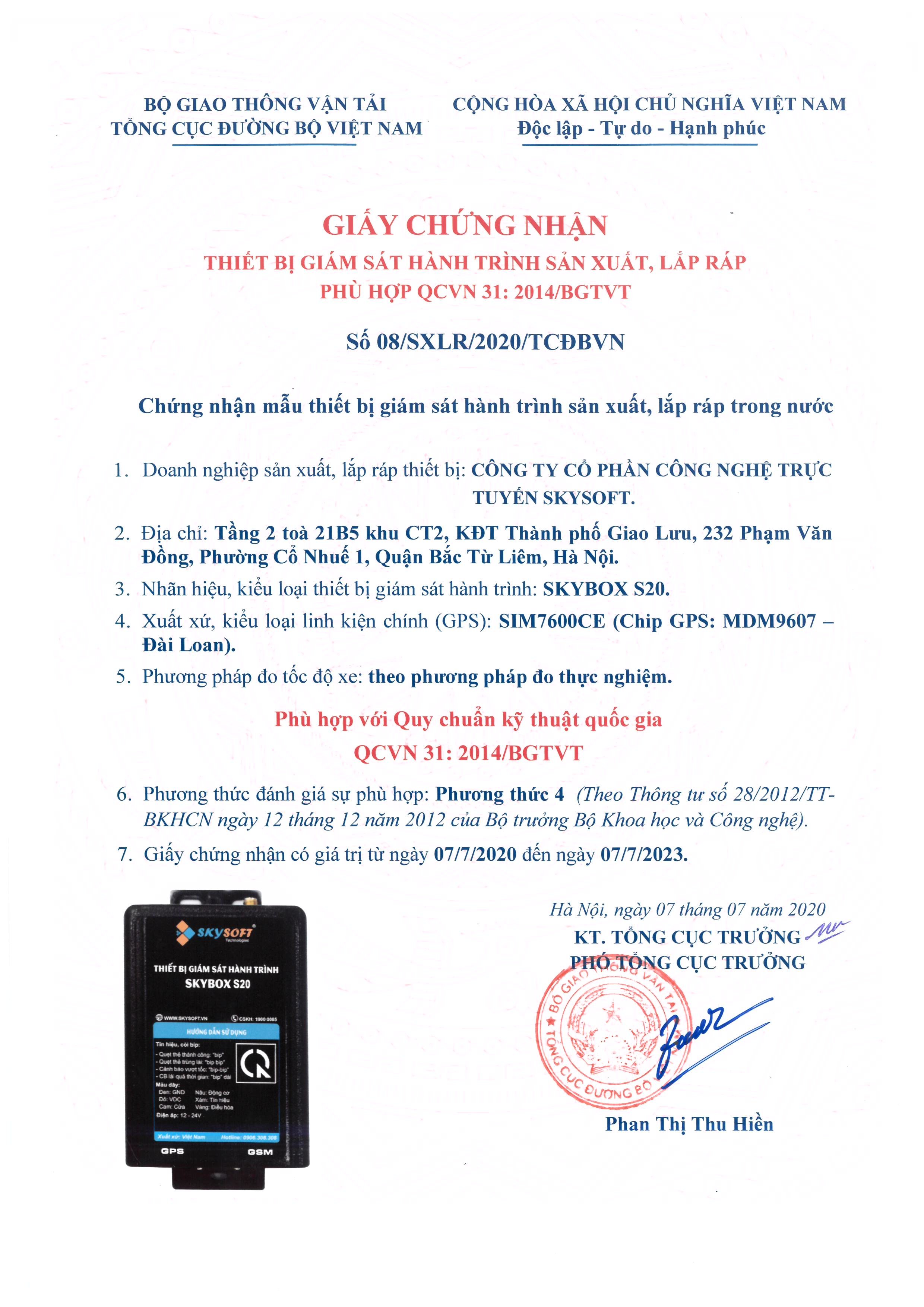 Giáy chứng nhận hợp quy của thiết bị giám sát hành trình m1 được bộ giao thông vận tải cấp