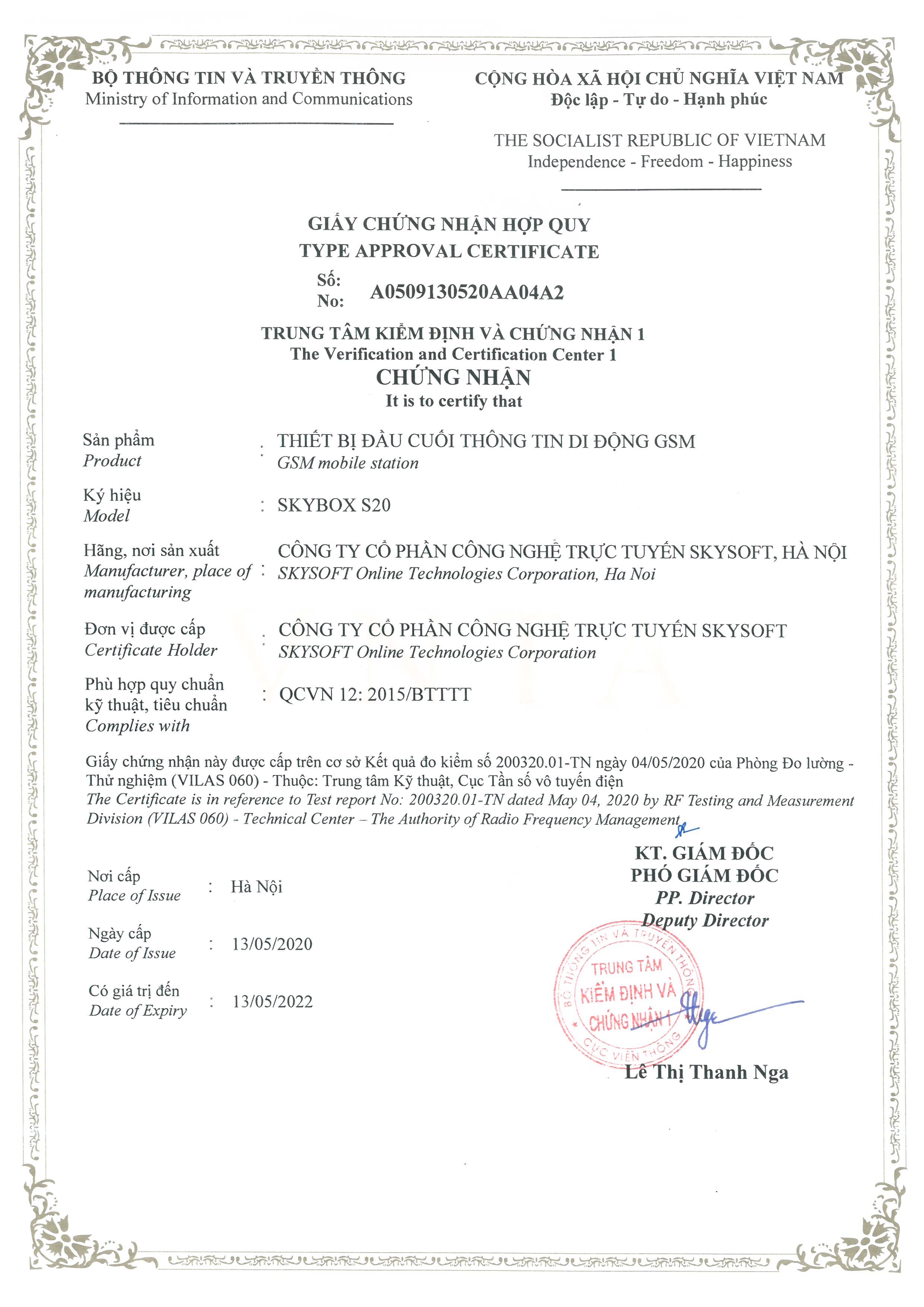 Giáy chứng nhận hợp quy của thiết bị giám sát hành trình m1 được bộ thông tin và truyền thông cấp