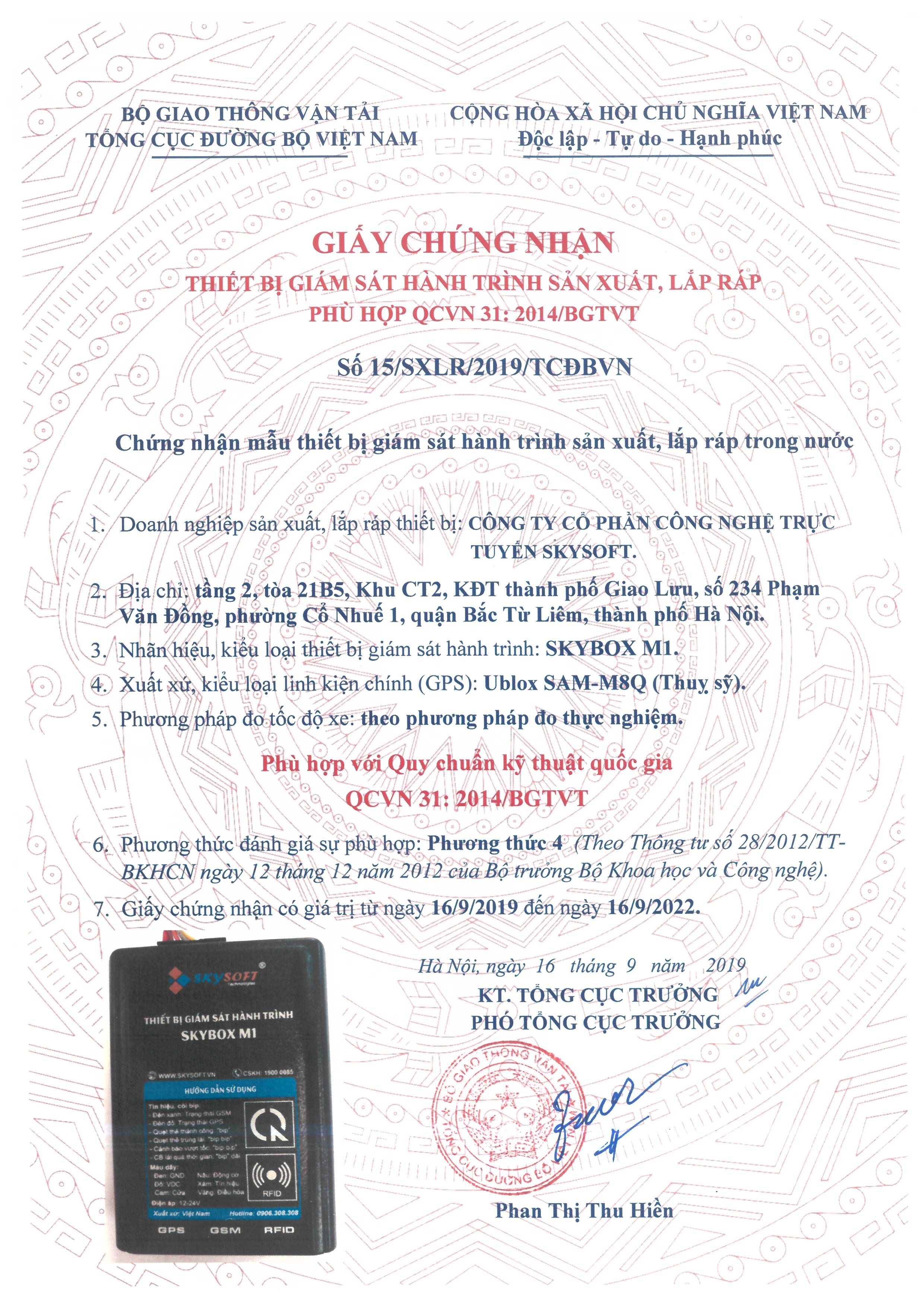 Giáy chứng nhận hợp quy của thiết bị giám sát hành trình m1 được bộ giao thông vận tải cấp